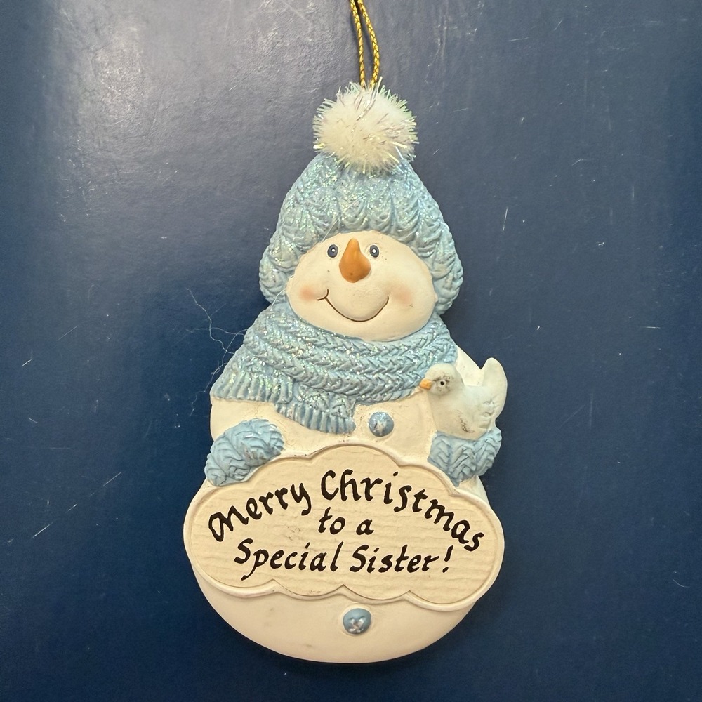 Vintage 2000 Snowman Christmas Ornament Magnet Blue Hat 'Best Sister'